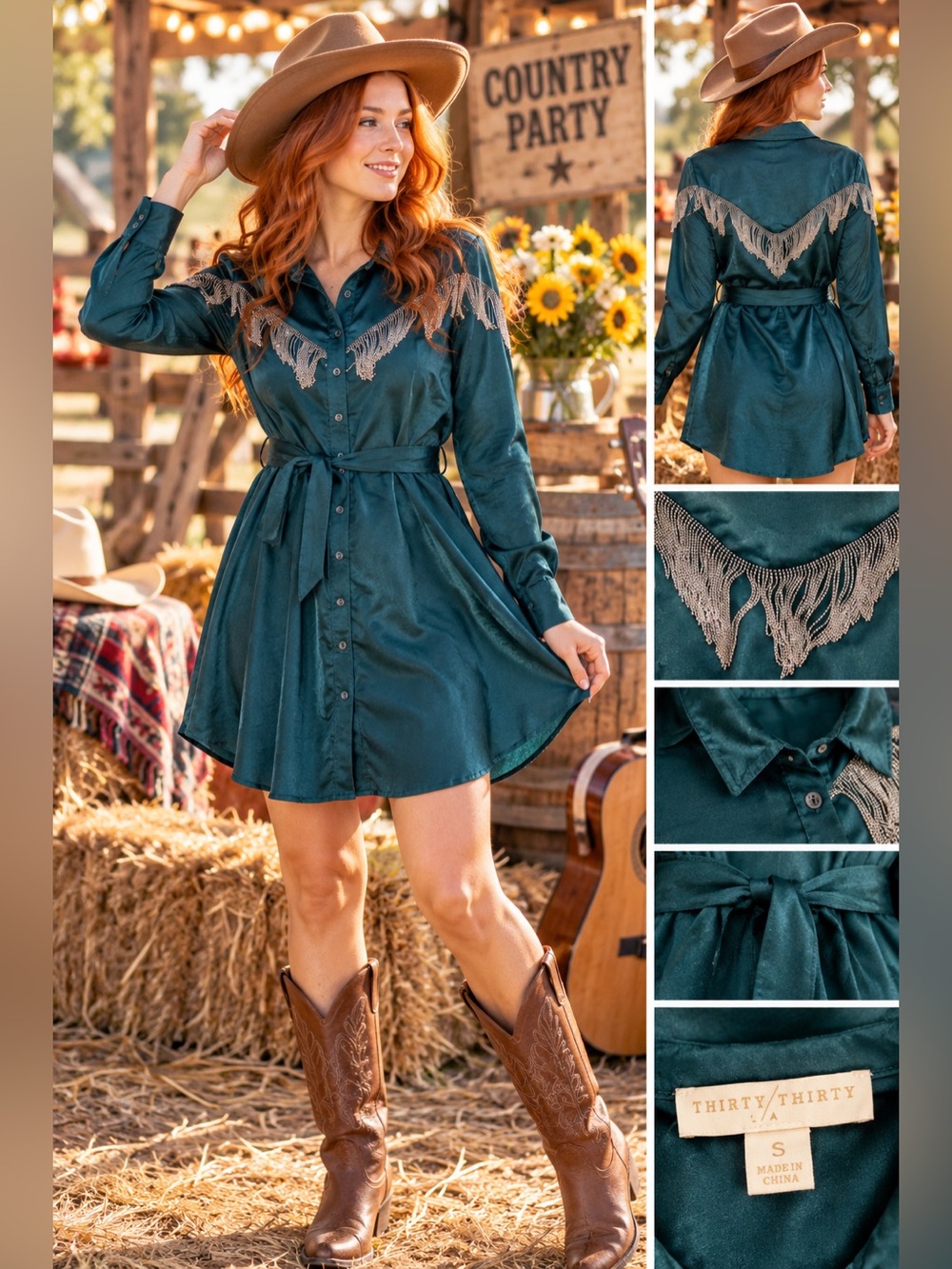 NWT - S - THIRTY/THIRTY - Teal Fringe Button-Front Shirt Dress - Women's